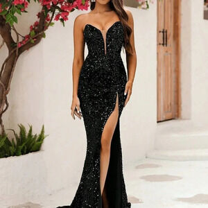 Black Preppy Womens Split Thigh Sequin Tube Formal Dress